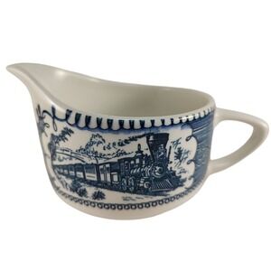 Vintage Currier and Ives Creamer Locomotive Blue White Mid Century‎ Modern SEE